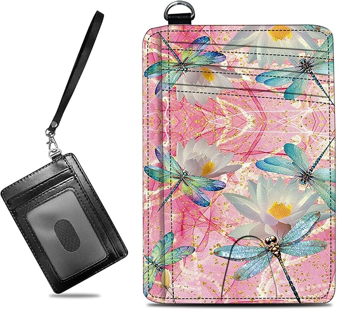 BWEGRHE Small Travel Wallets, Pink Dragonfly Slim Minimalist Front Pocket Wallet with Wristlet, RFID Blocking PU Leather Credit Card Holder with ID Window Change Purse for Men Women