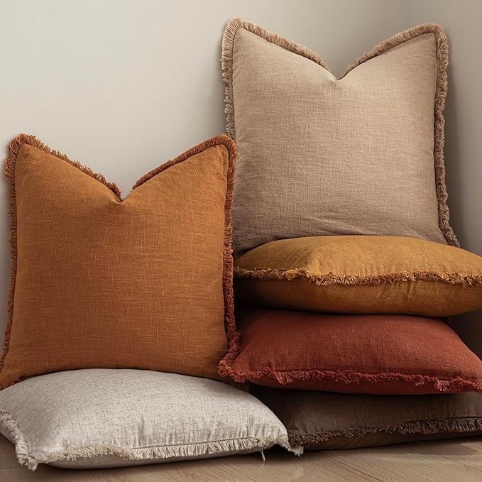 Foindtower Set of 2 Decorative Linen Fringe Lumbar Throw Pillow Covers Boho Farmhouse Cushion Cover with Tassels Soft Accent Pillowcase for Couch Sofa Bed Living Room Home Decor,12×20 Inch,Orange