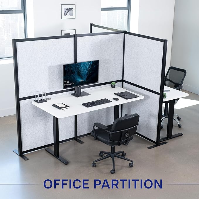 VIVO T-Shape Modular Corner Wall System, 4 Panels, Modern Professional Office Cubicle Dividers, Freestanding Privacy Screen, 66 inches High, Light Gray, Black Frame, PP-MWS63B-T