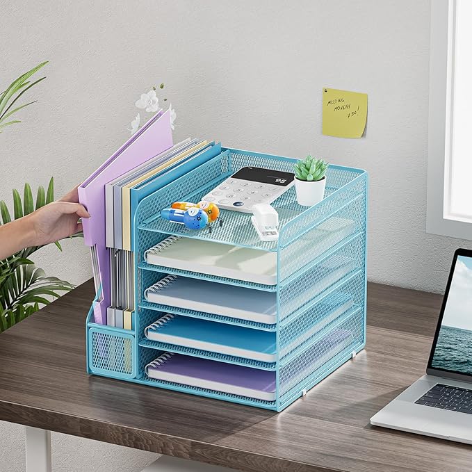 Marbrasse Desk Organizers and Accessories, 5-Tier Paper Letter Tray Organizer with File Holder, Mesh File Organizer, Office Desk Accessories & Organization for Supplies (Blue)
