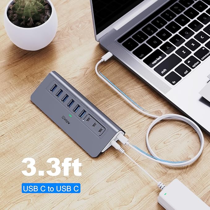 YH6AC Powered USB Hub 10Gbps, intpw 9-Port USB Splitter with USB A/USB C 3.2, 4 USB 3.0, 2 PD 45W Charging Ports, 65W Power Adapter + 3.3FT Cable, Aluminum USB Extender Hub for Laptop, PC,iPhone 17/16