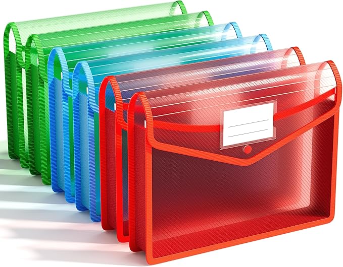 ABC life 6-Pack Plastic Expanding File Folder, Translucent Envelopes with Snap Closure, Large Capacity, Assorted Colors, Large Capacity, Fits Letter/A4 Size - RGB Color