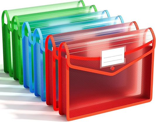 ABC life 6-Pack Plastic Expanding File Folder, Translucent Envelopes with Snap Closure, Large Capacity, Assorted Colors, Large Capacity, Fits Letter/A4 Size - RGB Color