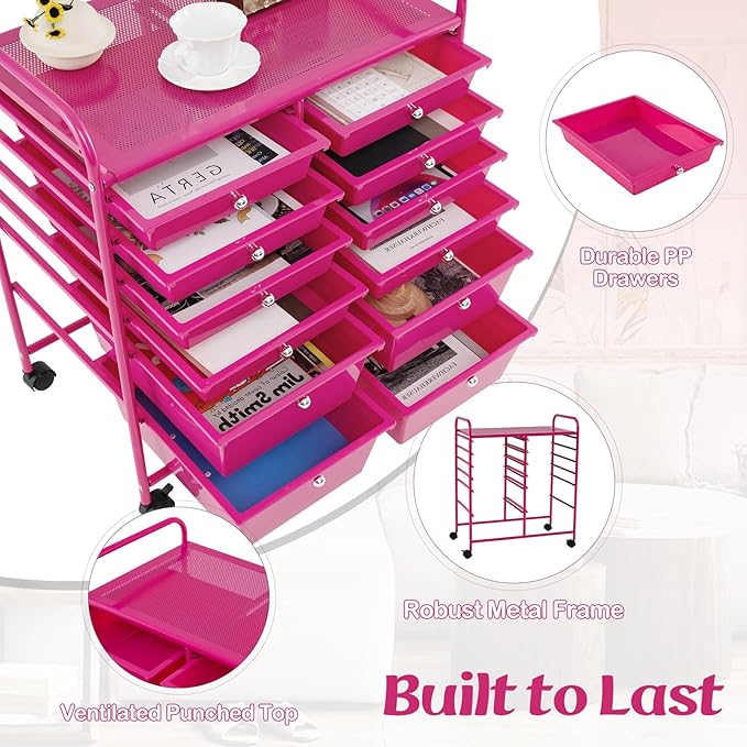 LDAILY 12 Drawer Rolling Storage Cart, Craft Cart Organizer on Wheels w/Metal Frame, Large Capacity & Smooth Drawer, Rolling Cart w/Drawers for Classroom, Office