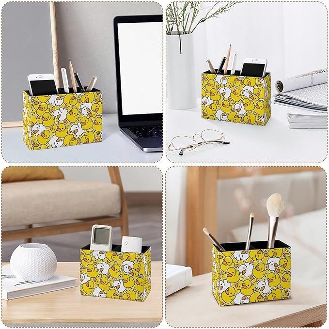Famame Cartoon Cute Duck Childish Pencil Holder for Desk, Leather Desktop Container Pen Cup Storage Study Table Pen Organizer Makeup Brushes Holder for Office Home