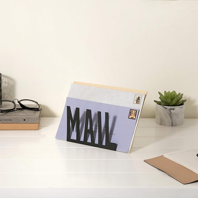 MyGift Mail Holder Organizer Countertop Modern Metal Black with Cutout MAIL Lettering Design, Office Desktop Envelope and Document Storage Rack