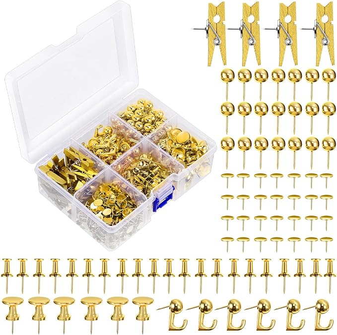 Sawysine 600 Pcs Decorative Push Pins, Gold Thumb Tacks 6 Types Cute Push Pin Clips for Bulletin Board Wall Cork Board Colorful Classroom Decor Teacher Must Haves Supplies School Crafts Project