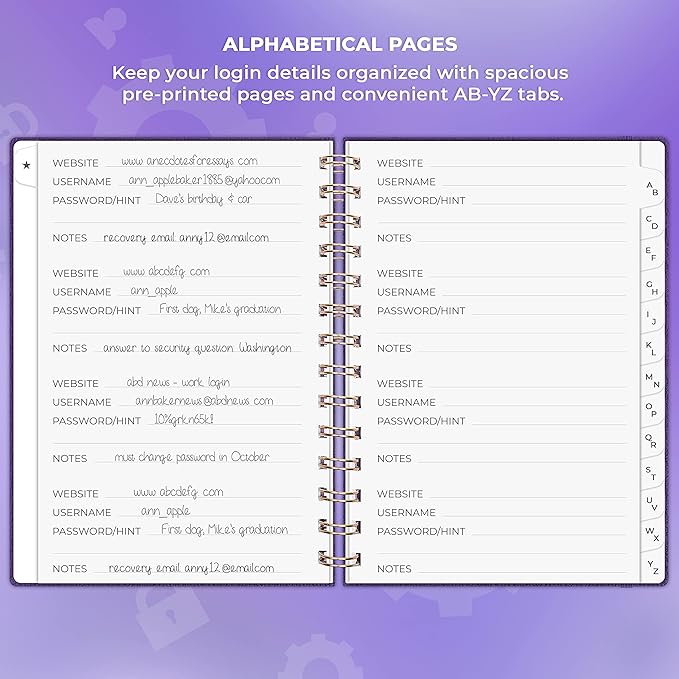 Clever Fox Password Book Spiral – Internet Address & Password Organizer with Laminated Alphabetical Tabs – Password Keeper Journal – Hardcover, Medium Size, 6.1x7.7” (Purple)
