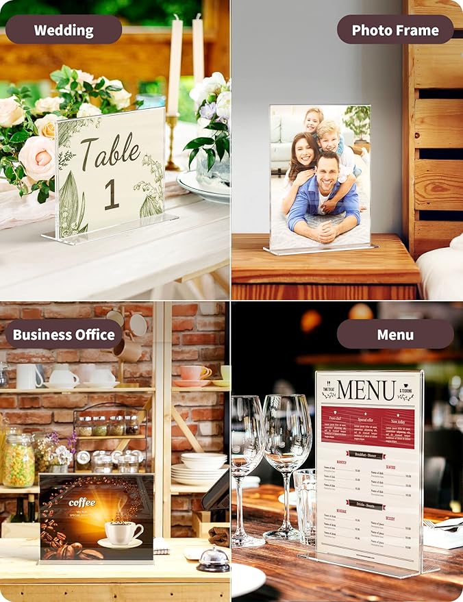 NIUBEE 12 Pack Acrylic Sign Holder 8.5 x 11 - T Shape Double Sided Clear Sign Holder for Table Top Display - Portrait Style