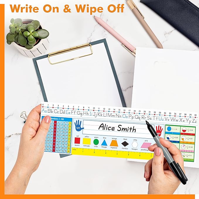 36 PCS Desk Nameplates, Double Sided PET Film Desk Name Tags with Alphabet, Numbers, Fractions, Shapes, Colors and Ruler Erasable & Reusable Traditional Manuscript Name Plate for Classroom (14” x 4”)
