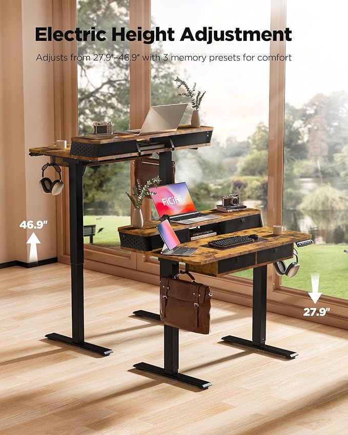 FiCiHi Electric Standing Desk with Four Drawers, Adjustable Height Sit Stand Desk, C-Clamp Compatible Home Office Desk with Storage Shelf & Monitor Stand Riser, 40 x 24 Inch, Rustic Brown