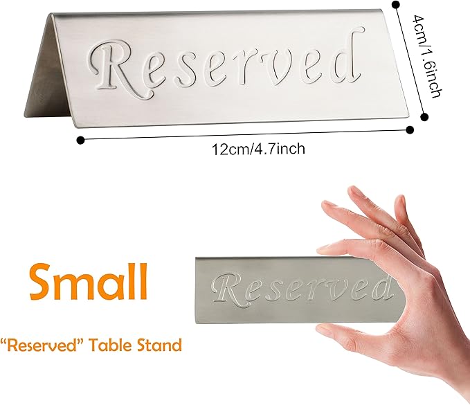 Reserved Sign - Brushed Stainless Steel Free Standing Table Top Compliance Sign - Double Sided - 4.7 By 1.6 Inch - Set of 2 - Silver