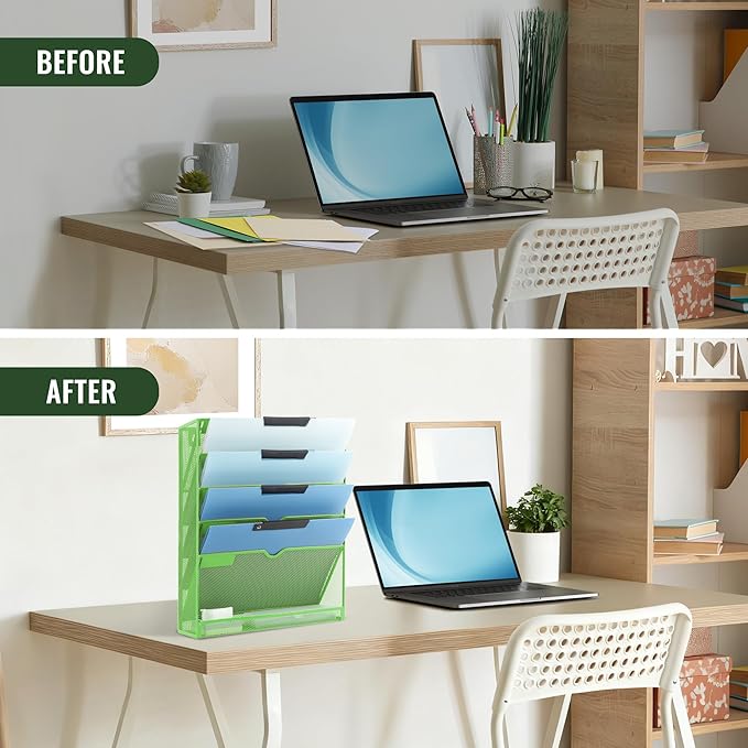 EASEPRES 6 Tier Mesh Hanging Wall File Organizer, Desk Vertical Mail Paper Document Folder Holder Rack with Bottom Tray and Nametag Label for Office Home School, Green
