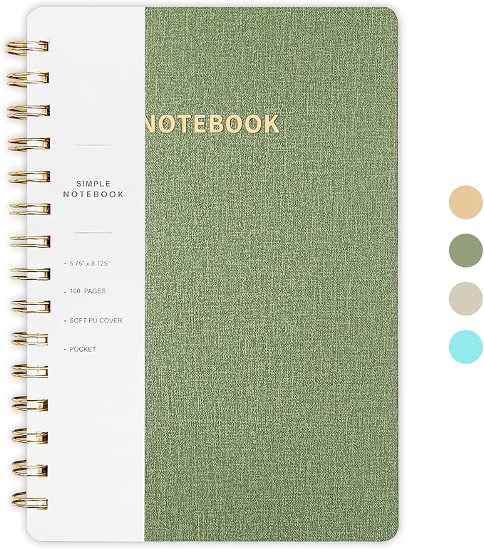 Spiral Notebook-5.75" x 8.125" College Ruled Journal with Inner Pockets and 160 Pages,PU Leather Cover Business Journal, Twin-Wire Binding Notebook Perfect for Office & Home School Supplies Army Green