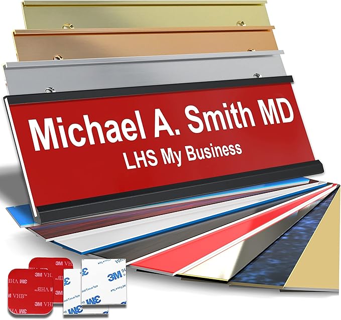 Custom Name Plate with Choice of Mounting for Walls, Doors, Desk Holders, Cubicles, Hanging and More - Personalized Red Plastic White Letters - USA Made 2x8 - B7