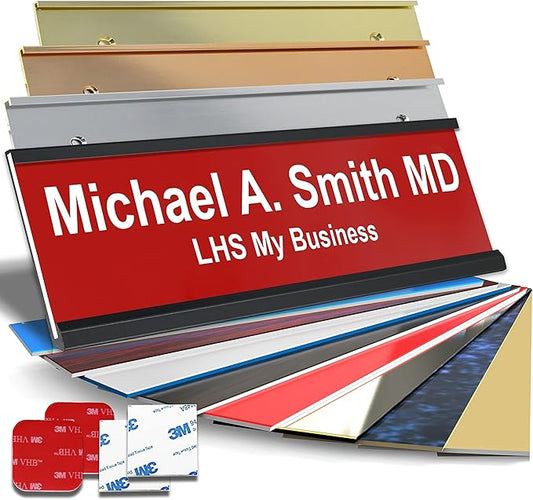 Custom Name Plate with Choice of Mounting for Walls, Doors, Cubicles, Hanging and More - Personalized Red Plastic White Letters - USA Made 2x12 - B7