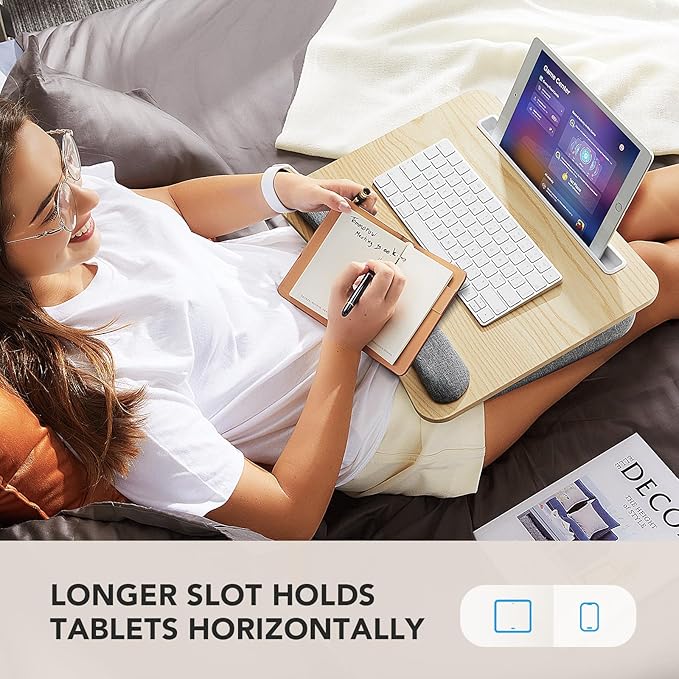 HUANUO Lap Laptop Desk - Portable Lap Desk with Pillow Cushion, Fits up to 15.6 inch Laptop, with Anti-Slip Strip & Storage Function for Home Office Students Use as Computer Laptop Stand - Light Wood