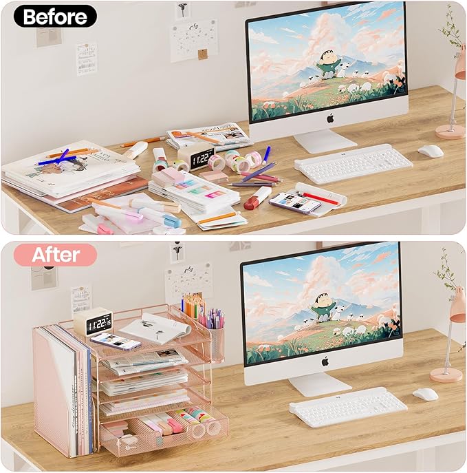 OPNICE Desk Organizer, 5-Tier Paper File Organizer with Drawer & Pen Holder, Office Desk Accessories, Workspace Desktop Organizer for Office Supplies(Rose Gold)