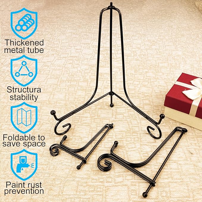 HENABLE 6PCS 3 Size Black Iron Plate Stands for Display - 4, 6, 8 Inch Decorative Metal Plate Holders - Mini Easel, Frame, Book, Card, Plaque, Bowl, Picture Display Stands
