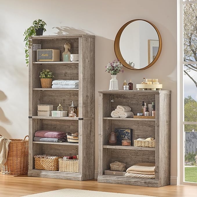 RWYHG 70" Grey Tall Bookshelf,5-Tier Thick Wooden Book Shelf with Adjustable Shelves,Free Standing Farmhouse Bookcase with Open Display Storage,Floor Vintage Bookshelves for Living Room,Office