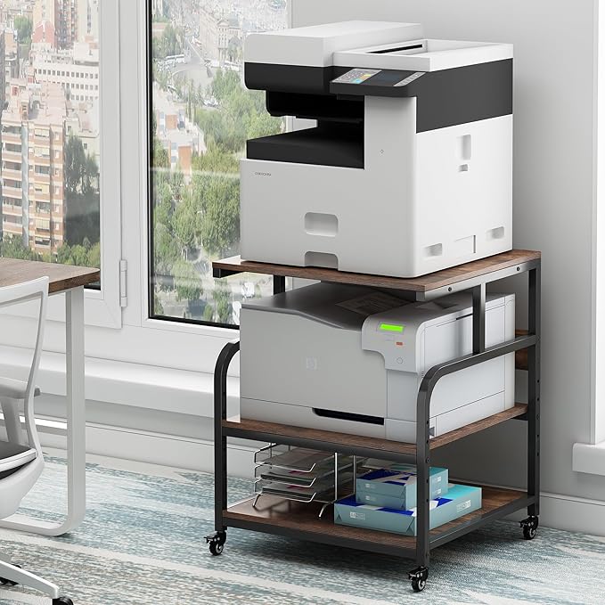 Fannova 23.6" Deep Extra Large Printer Stand, 3 Tier Printer Table with Adjustable Storage Shelf, Rolling Printer Cart with Industrial Wheels for Home Office, Rustic Brown