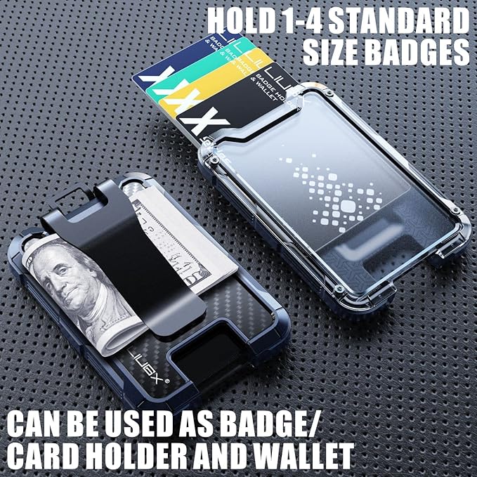 LIUGX Carbon Fiber Badge Holder, ID Card Holder with Metal Clip - Heavy Duty Portable Wallet (Holds 1to 4 Cards),for Office Police Worker Outdoor, Dark Blue