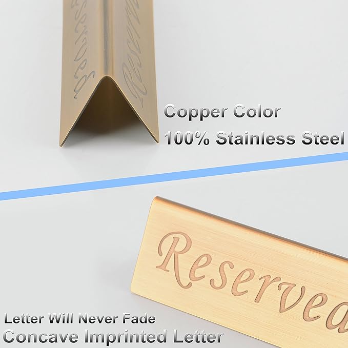 Reserved Sign - Brushed Stainless Steel Free Standing Table Top Compliance Sign - Double Sided - 4.7 By 1.6 Inch - Set of 2 - Copper