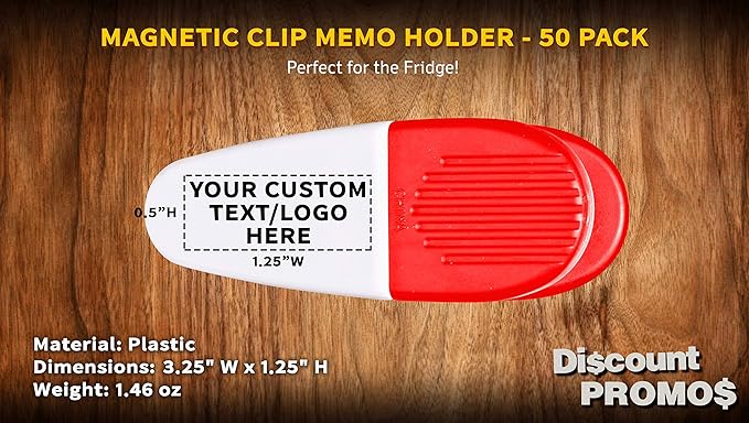 50 Magnetic Memo Holders Set - Customizable Text, Logo - Large Clip, Plastic - White Red