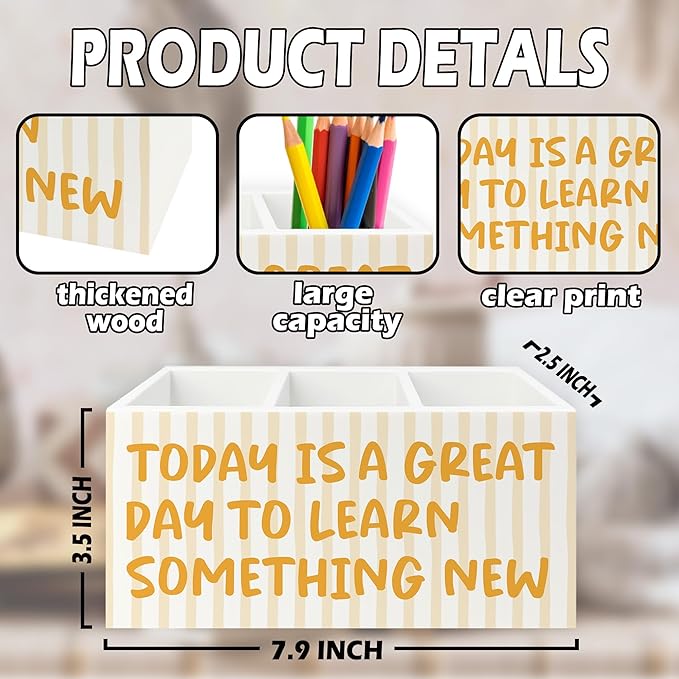 XPH Inspirational Pen Pencil Holder Organizer for Desk, Motivational Gifts for Women, Today Is a Great Day to Learn Something New Wooden Box Sign for Home Office Desk Tabletop Decorations