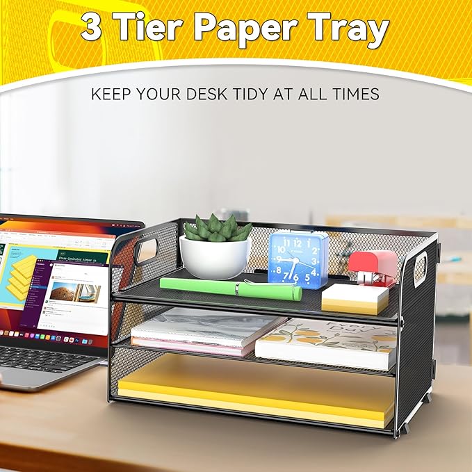MINDEPOT 3-Tier Paper Letter Organizer Tray with Handle, Mesh Desk File Organizer for Office, Home, School - 2 Pack, Black