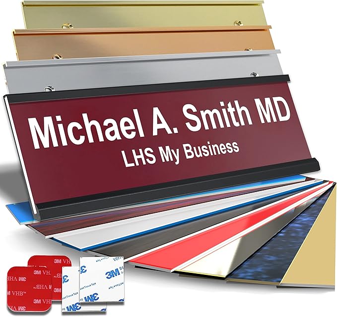 Personalized Name Plate with Choice of Mounting Holders for Walls, Doors, Cubicles, Hanging and More - Custom Burgandy Plastic White Letters - USA Made 2x6 - B26