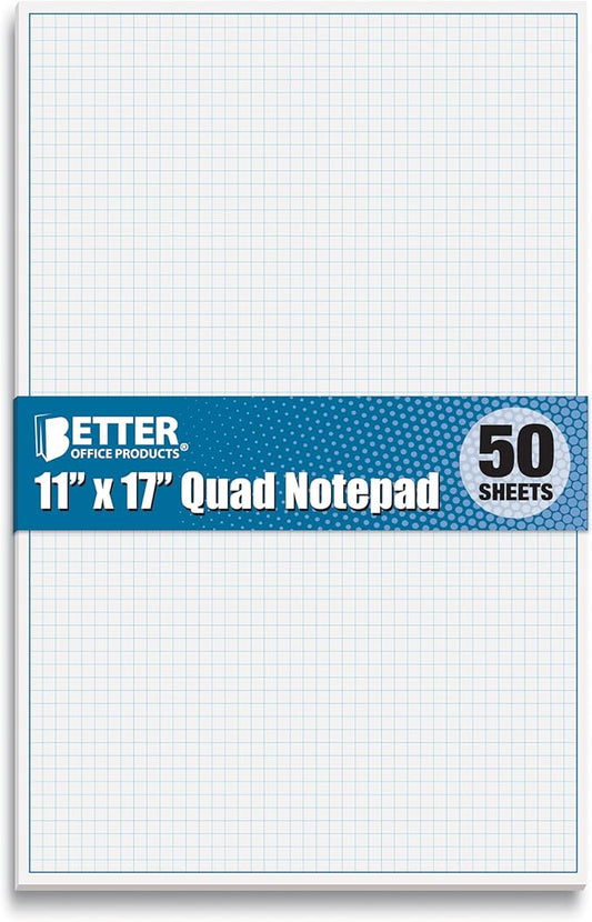 Graph Paper Pad, 17" x 11", 50 Sheets, Blue Line Border, Blueprint Paper, Double Sided, White, 4x4 Blue Quad Rule, Easy Tear Sheets, Grid Paper, Graph Paper by Better Office Products