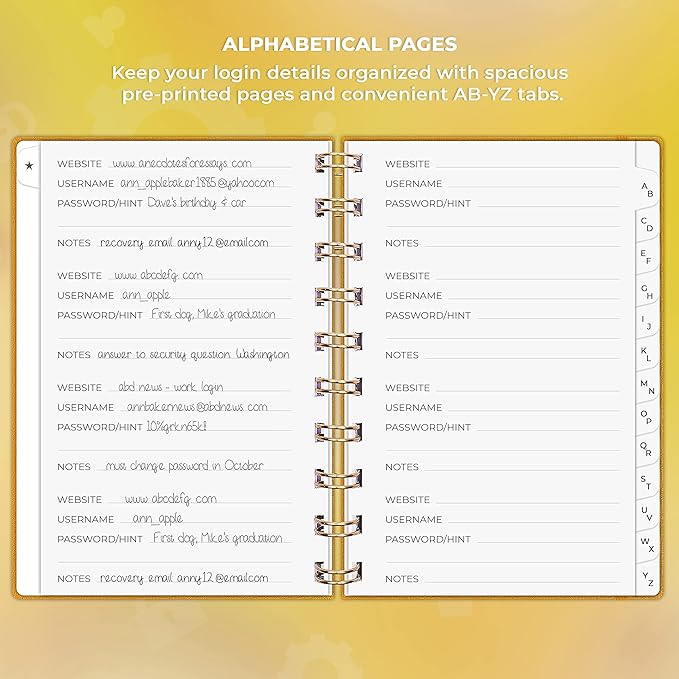 Clever Fox Password Book Spiral – Mini Internet Address & Password Organizer with Laminated Alphabetical Tabs – Small Password Keeper Journal – Hardcover, Pocket Size, 4.7x5.7” (Amber Yellow)
