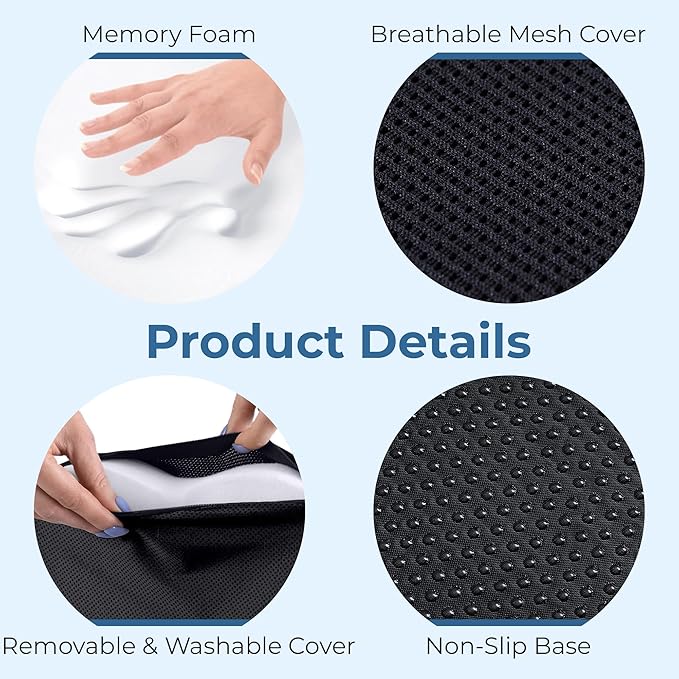 5 STARS UNITED Seat Cushion for Tailbone Pain Relief – Memory Foam Cushion for Coccyx, Hip, Sciatica & Post-Surgery Recovery – Wheelchair, Car, Desk, Gaming & Office Chairs, Black, X-Large