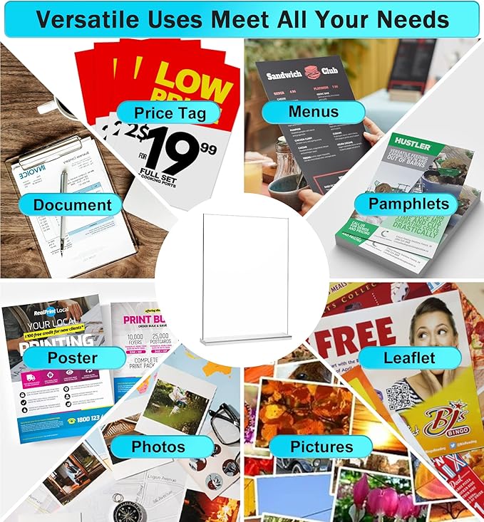 4-Pack Acrylic Sign Holder, 8.5 x 11 Inch Vertical T Shape Table Display Stand, Double-Sided Clear Plastic Sign Holders for Paper, Menu, and Flyer, Ideal for Home, Office, Restaurants, and Stores