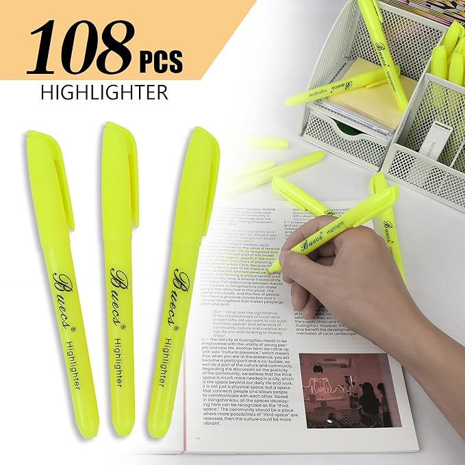 Buecs Highlighters Bulk Pack, 108 Count, Chisel Tip,Fluorescent Yellow, suitable for Adults Highlighting Planner Notes, Office School Supplies