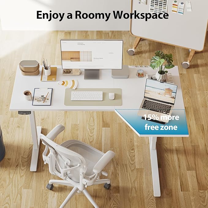 Agilestic Electric Standing Desk, L-Shaped 55 Inches Height Adjustable Desk, Sit and Stand up for Work Office Home, Ergonomic Rising Computer Table for Home Office with Splice Board, White