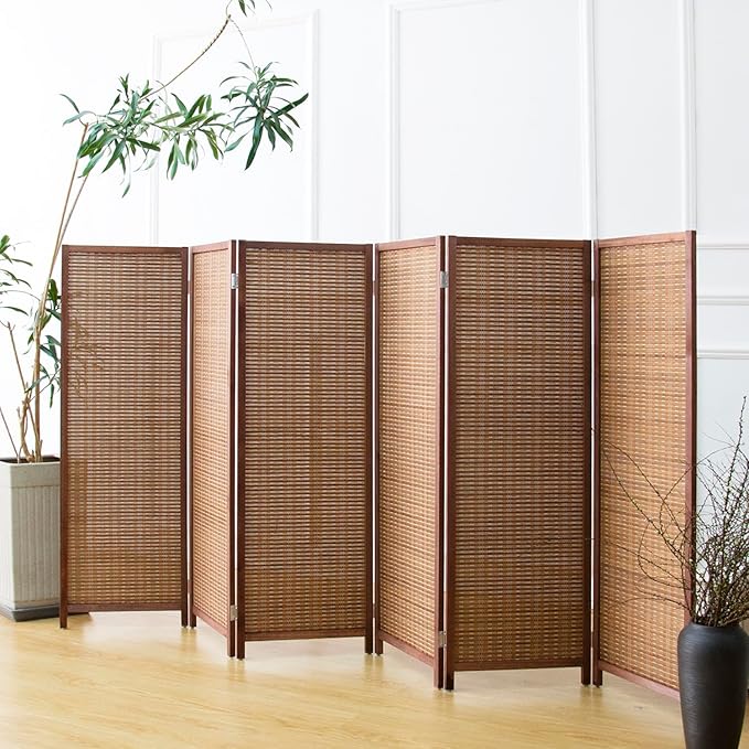 Furnnylane 6 Panel Short Room Divider Screen,Brown Freestanding Partition,Small Bamboo Panel Divider for Room Seperation,3.95 FT Tall