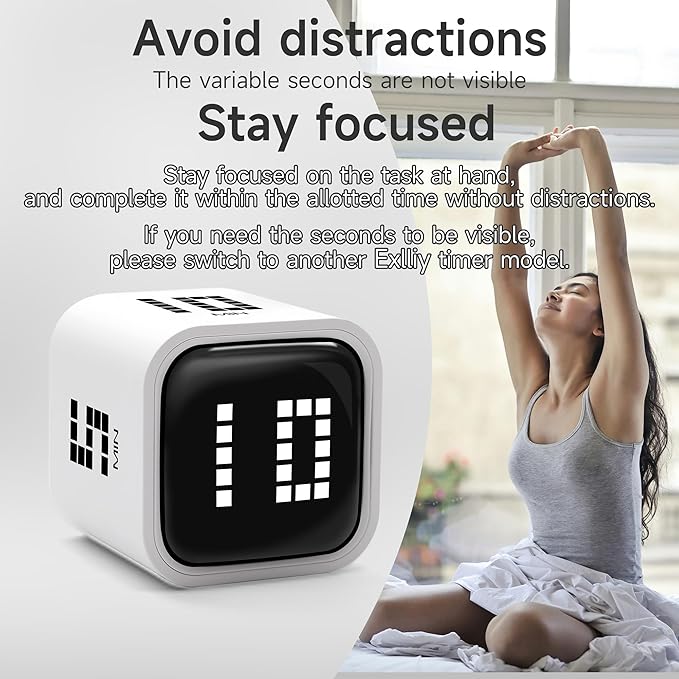 Rotating Productivity Timer 5, 10, 30, 60 Minutes Preset, Desk Cube w/Gravity Sensor for ADHD, Mute Functions, Ideal for Work, Study, Kitchen, Back to School (White)