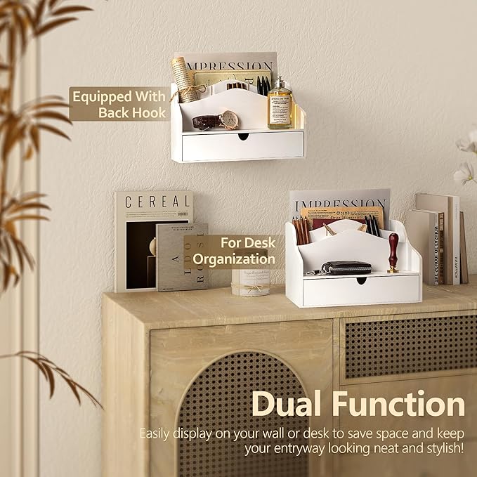 Rebee Vision Pine Wood Mail Organizer for Desk - Charming Farmhouse Countertop Mail Sorter for Office & Home Decor - Wooden Desk Organizer with Drawer for Letters, Files & Magazines(White)