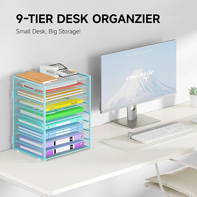 Cawukege 9 Tier Paper Organizer with Handle, Large Capacity Desk Organizer Mesh File Folder Letter Paper Tray Desktop Document Sorter for Classroom, School, and Office Accessories Organization- Blue