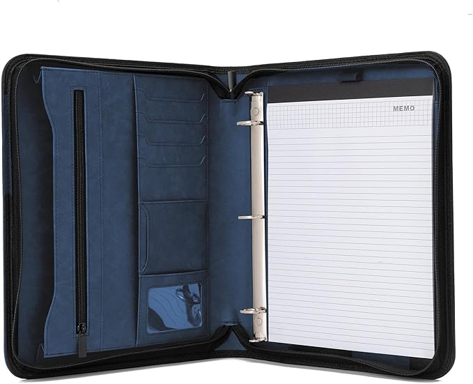 Forevermore Portfolios Padfolio Binder - Professional Faux Leather Travel Organizer Pouch for Tablet, Documents, Presentation Folders, Zipper Closure, Removable 3-Ring Notepad - Blue