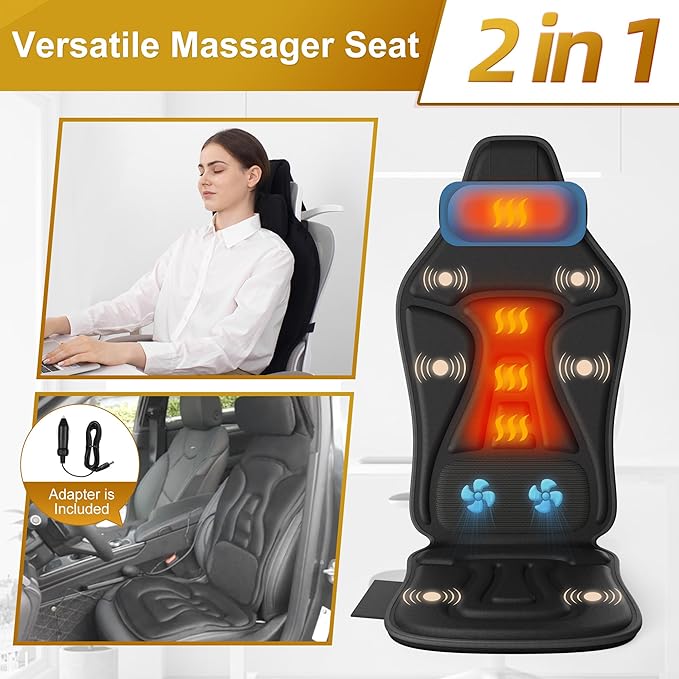 Back Massager with Heat for Chair, Massage Chair Pad with Neck Support, Waist Cooling & Vibration, Seat Massager for Seniors, Office Workers & Family, Fatigue & Pain Relief in Office, Home & Travel