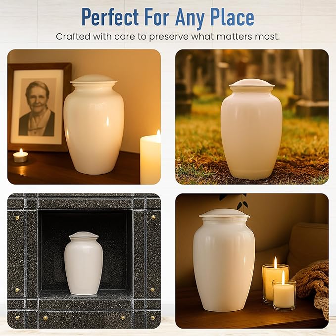 Modern Memorials Cremation Urn for Ashes - Large Urn for Man & Women - 200 Cubic Inches - Includes Velvet Storage Bag - White