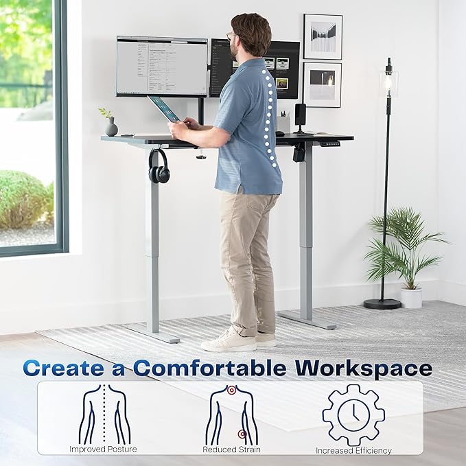 VIVO Electric 55 x 28 in Standing Desk, Memory Height Adjustment, 1B Series, Holds 220 lbs, One-Piece Black Top, Gray Frame, DESK-KIT-1G55B