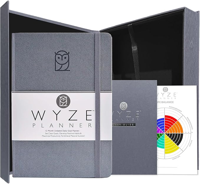 Wyze Planner Undated Daily Planner – 1-Year B5 Productivity Organizer with Two-Page Weekly Spread, Goal Setting, Habit Tracker, Weekly & Monthly Pages – Hardcover Time Management Notebook (Gray)
