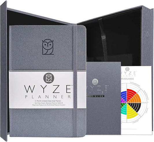 Wyze Planner Undated Daily Planner – 1-Year B5 Productivity Organizer with Two-Page Weekly Spread, Goal Setting, Habit Tracker, Weekly & Monthly Pages – Hardcover Time Management Notebook (Gray)