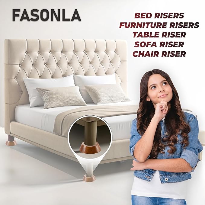 Bed Risers, Furniture Risers (Set of 8-Height 1") Can be Adjusted to 2'' 3''or 4'', Lifts Furniture Risers, Solid Natural Wood Risers, Non-Slip Recessed Hole (Light Brown Color)