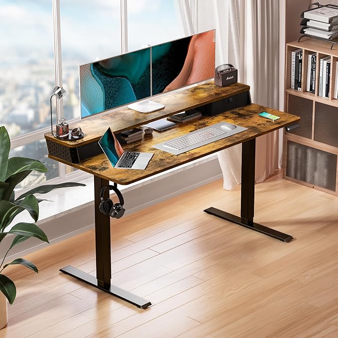 Kingant 48 x 24 Inch Electric Standing Desk with Dual Drawers, Height Adjustable Sit to Stand Computer Desk with Storage Shelf and C-Clamp Mount Compatibility for Home Office, Rustic Brown