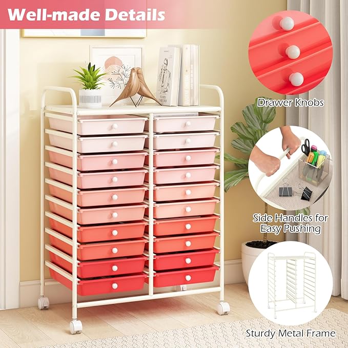 Happygrill 20-Drawer Organizer Cart Tools, Mobile Utility Storage Cart with Removable Drawers & Lockable Wheels, Rolling Storage Cart with wheels for Home Office School(Gradient Pink)